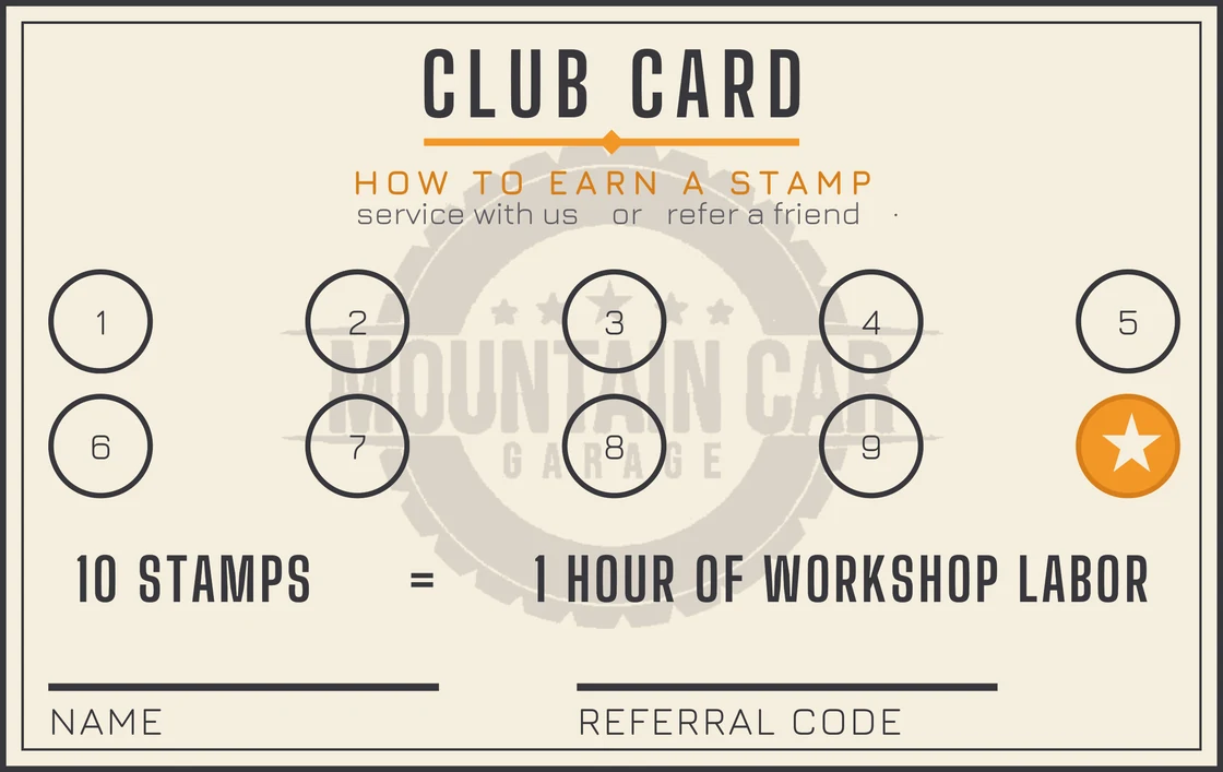 Mountain Car Garage Members Club card — back, stamp collector
